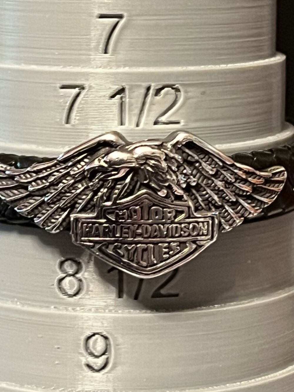 9” Black Corded Leather Harley Davidson Eagle Bar and Shield Bracelet